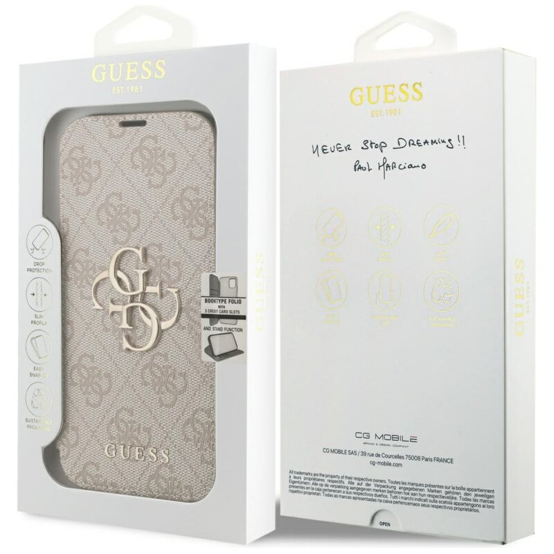 Husa tip carte iPhone 18 Pro Guess Book 4G Metal Logo, roz, GUBKP18L4GMGPI