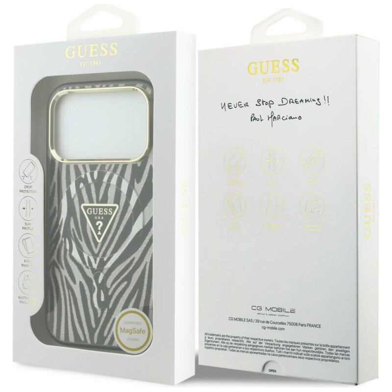 Husa Guess Zebra Glitter Triangle Logo MagSafe iPhone 18 Pro cu sclipici, negru/argintiu, GUHMP18L6HZPGTLS