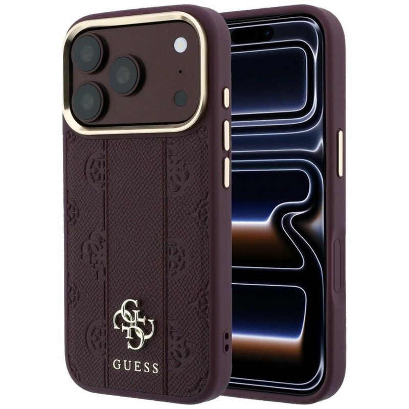 Husa Guess iPhone 18 Pro Leather Stripe Peony 4G MagSafe, bordo, GUHMP18L6PGSU4EU