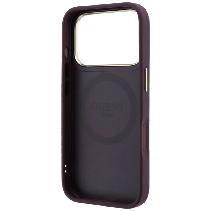 Husa Guess iPhone 18 Pro Leather Stripe Peony 4G MagSafe, bordo, GUHMP18L6PGSU4EU