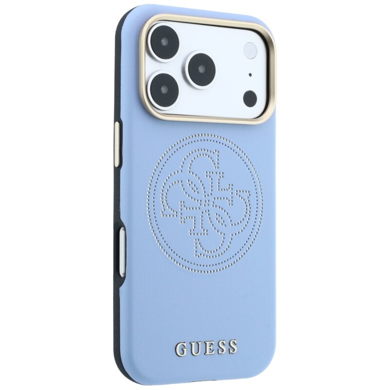 Husa iPhone 18 Pro Guess Leather Perforated 4G MagSafe, bleu, GUHMP18L6PS4SRGB
