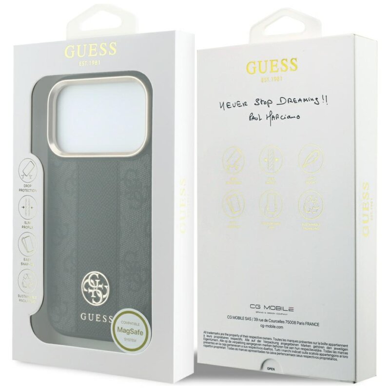 Husa Guess iPhone 17 Pro Leather 4G Stripe Round Classic Logo MagSafe, negru, GUHMP18L6P4G4RCK