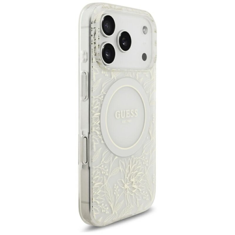 Husa iPhone 17 Pro originala Guess IML Flowers Electroplated with Pearl Strap MagSafe, alb, GUHMP18LHCPOFPH