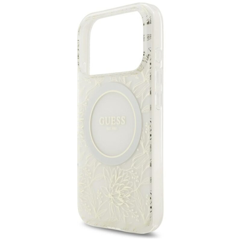 Husa iPhone 17 Pro originala Guess IML Flowers Electroplated with Pearl Strap MagSafe, alb, GUHMP18LHCPOFPH