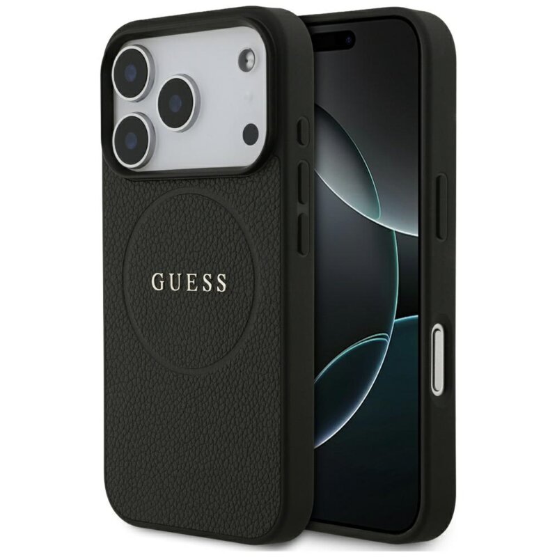 Husa iPhone 17 Pro Guess Grained Gold Ring MagSafe, negru, GUHMP18LPGHSMMK