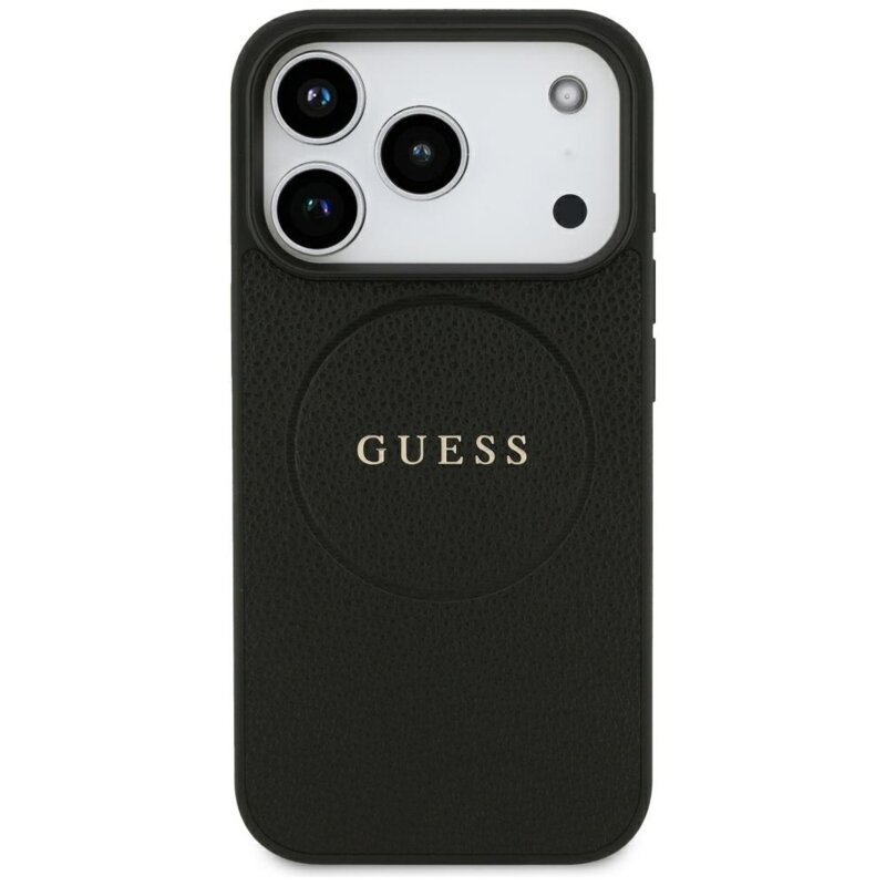 Husa iPhone 17 Pro Guess Grained Gold Ring MagSafe, negru, GUHMP18LPGHSMMK