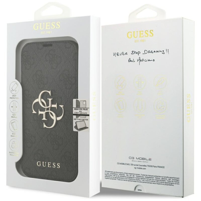 Husa tip carte iPhone 17 Pro Guess Book 4G Metal Logo, negru, GUBKP18L4GMGGR