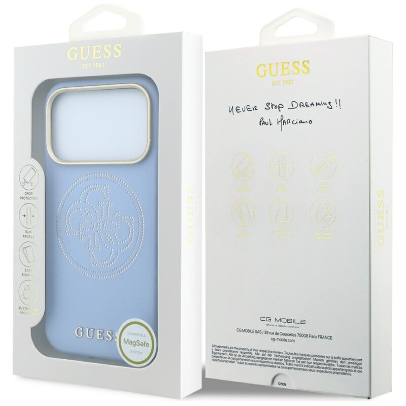 Husa iPhone 18 Pro Max Guess Leather Perforated 4G MagSafe, bleu, GUHMP18X6PS4SRGB