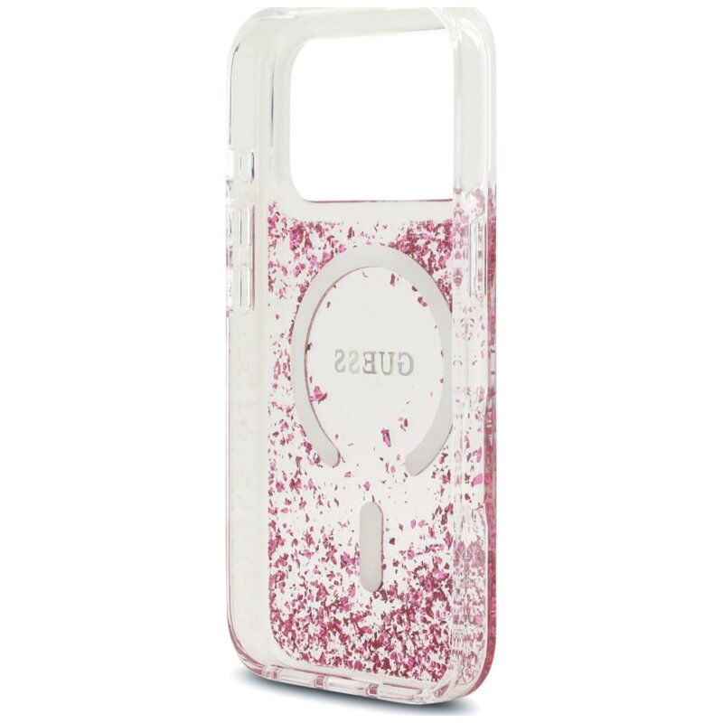 Husa Guess Resin Bottom Glitter MagSafe iPhone 18 Pro Max cu sclipici, roz, GUHMP18XRGRGEP