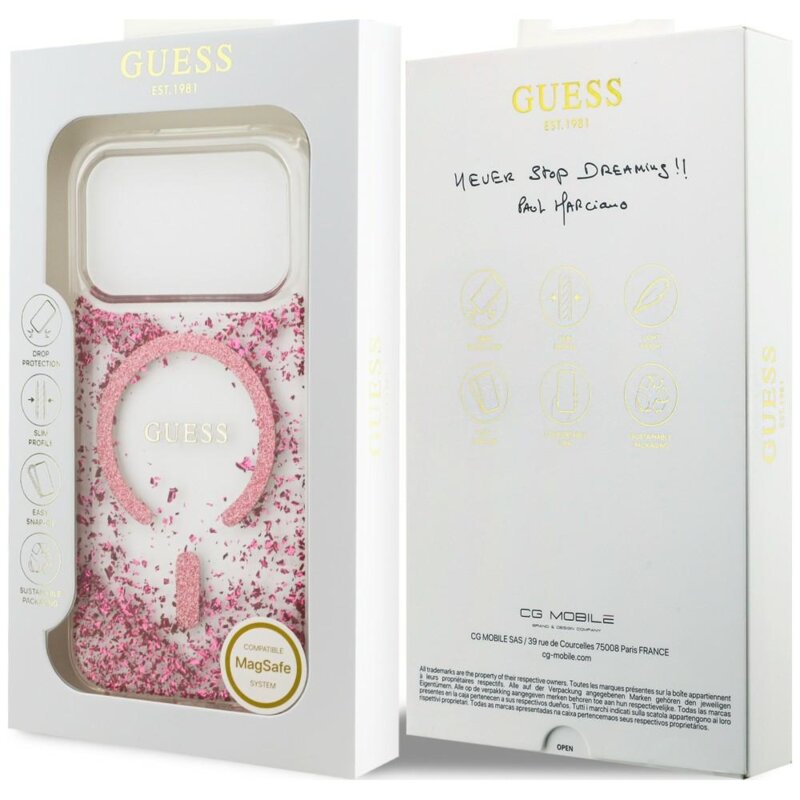 Husa Guess Resin Bottom Glitter MagSafe iPhone 18 Pro Max cu sclipici, roz, GUHMP18XRGRGEP