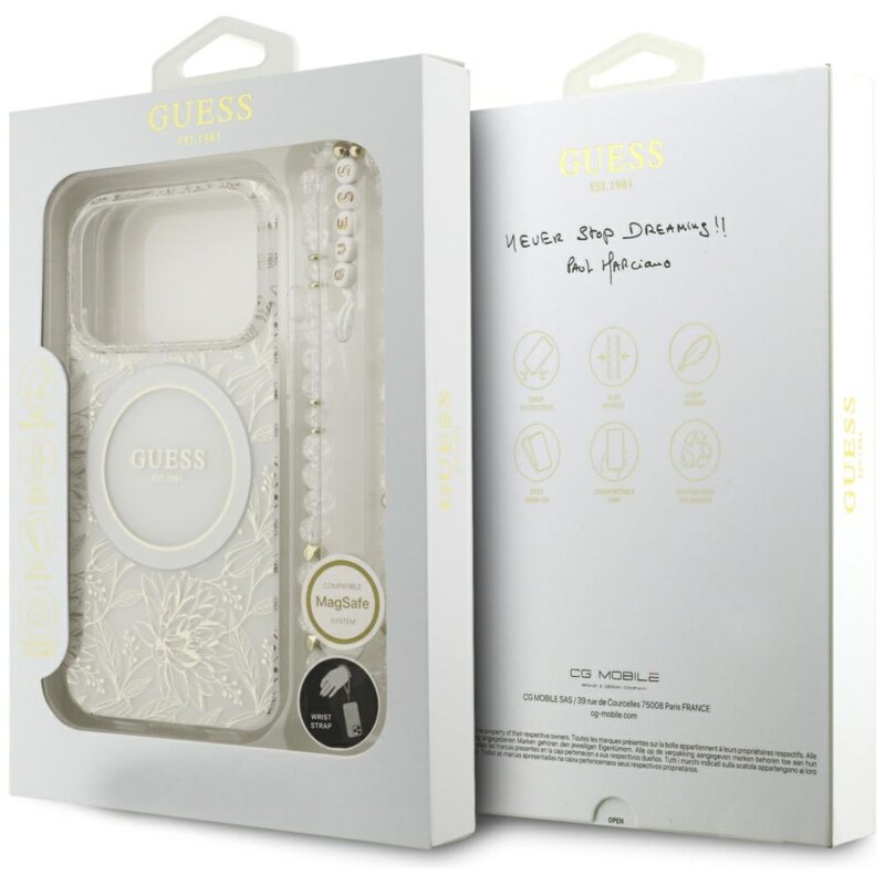 Husa iPhone 17 Pro Max originala Guess IML Flowers Electroplated with Pearl Strap MagSafe, alb, GUHMP18XHCPOFPH