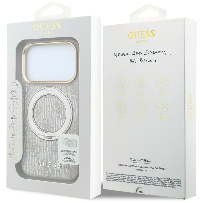 Husa Guess iPhone 17 Pro Max Ring Stand 360 4G Leather Classic Logo MagSafe, roz, GUHMP18X6PS4RSCLP