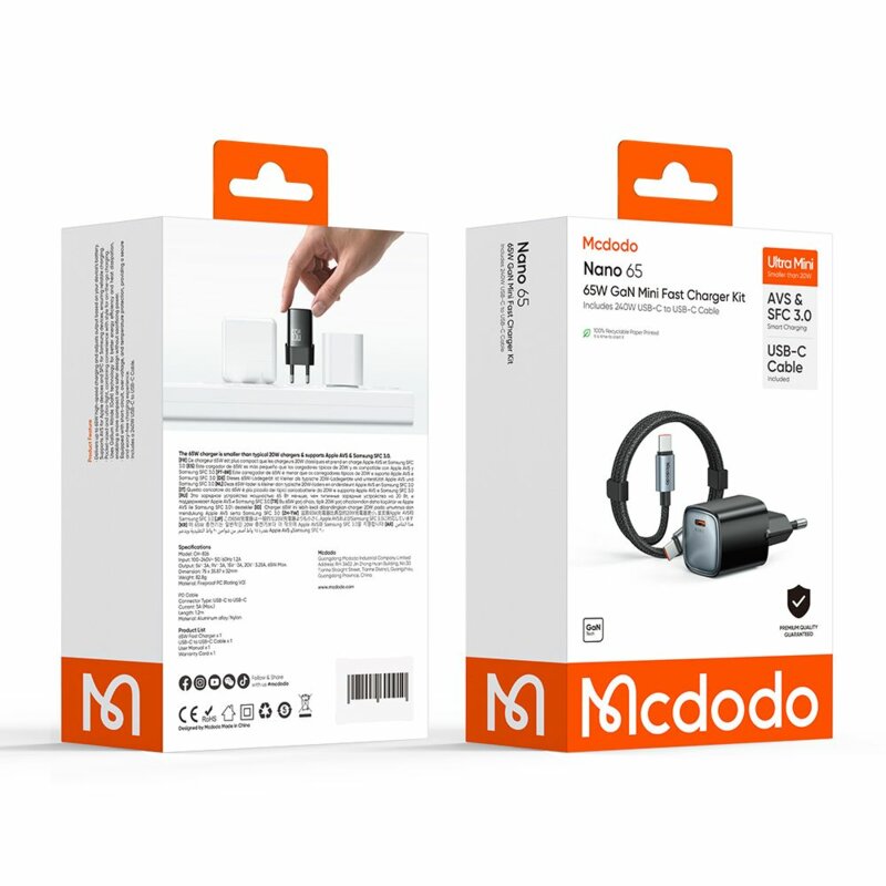 Incarcator GaN, 65W cu cablu Type-C Mcdodo, negru, CH-8262