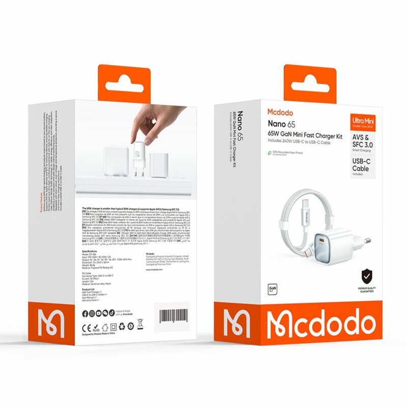 Incarcator GaN, 65W cu cablu Type-C Mcdodo, alb, CH-8263