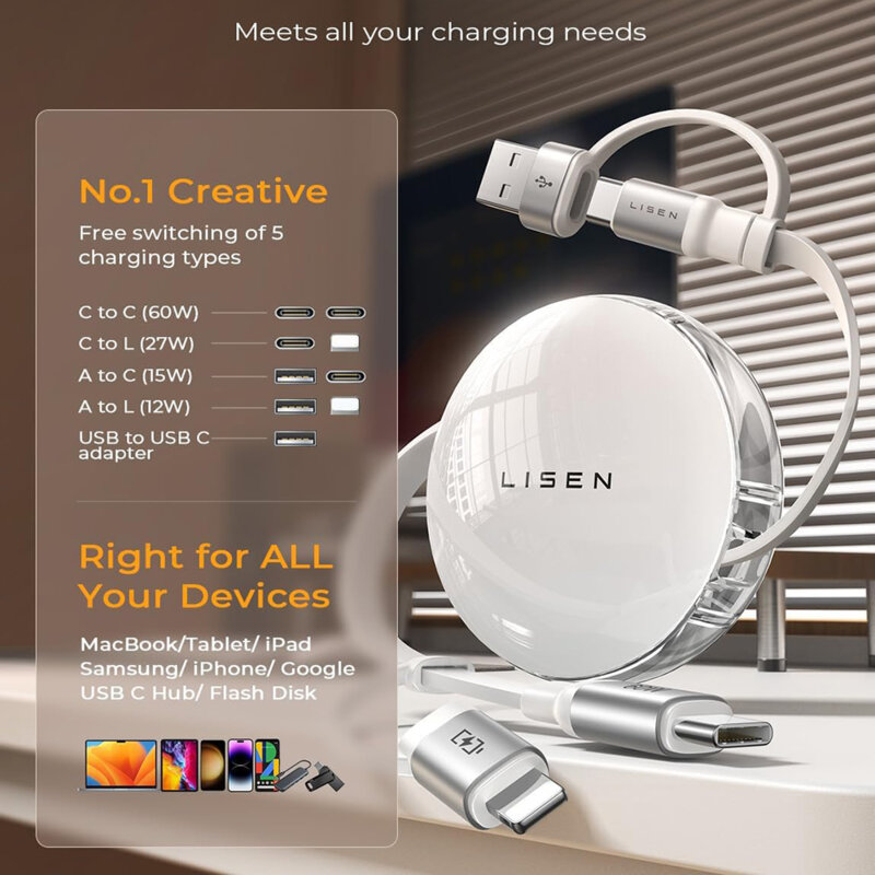 Cablu de date 4in1 60W USB/Type-C la USB-C/Lightning Lisen, 1m, alb