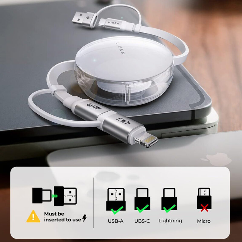 Cablu de date 4in1 60W USB/Type-C la USB-C/Lightning Lisen, 1m, alb