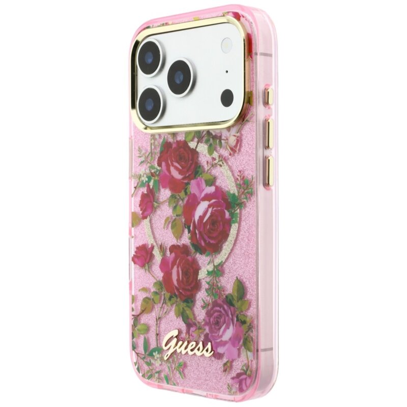 Husa iPhone 18 Pro originala Guess IML Glitter Blossom Roses MagSafe, roz, GUHMP18L6HTBGSLP