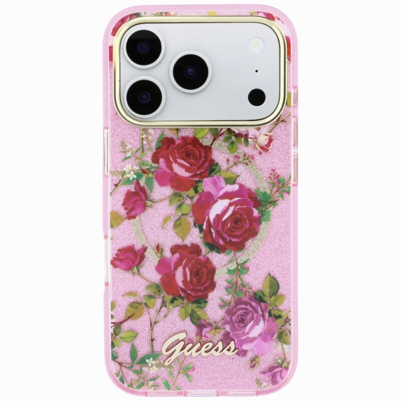 Husa iPhone 18 Pro originala Guess IML Glitter Blossom Roses MagSafe, roz, GUHMP18L6HTBGSLP
