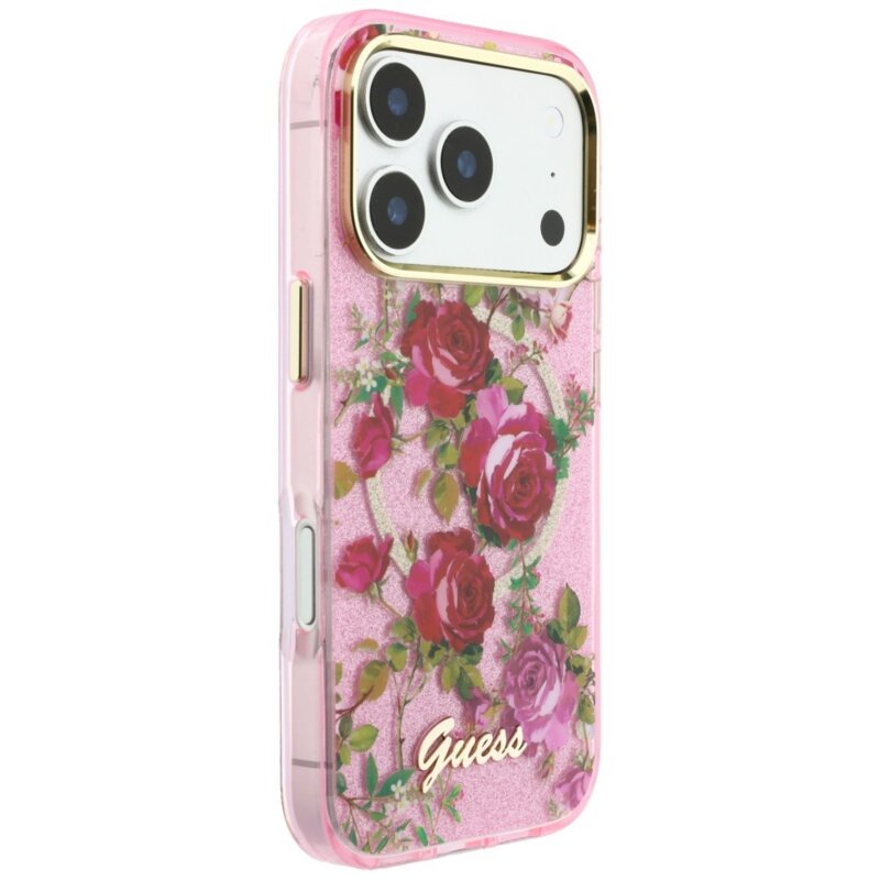 Husa iPhone 18 Pro originala Guess IML Glitter Blossom Roses MagSafe, roz, GUHMP18L6HTBGSLP