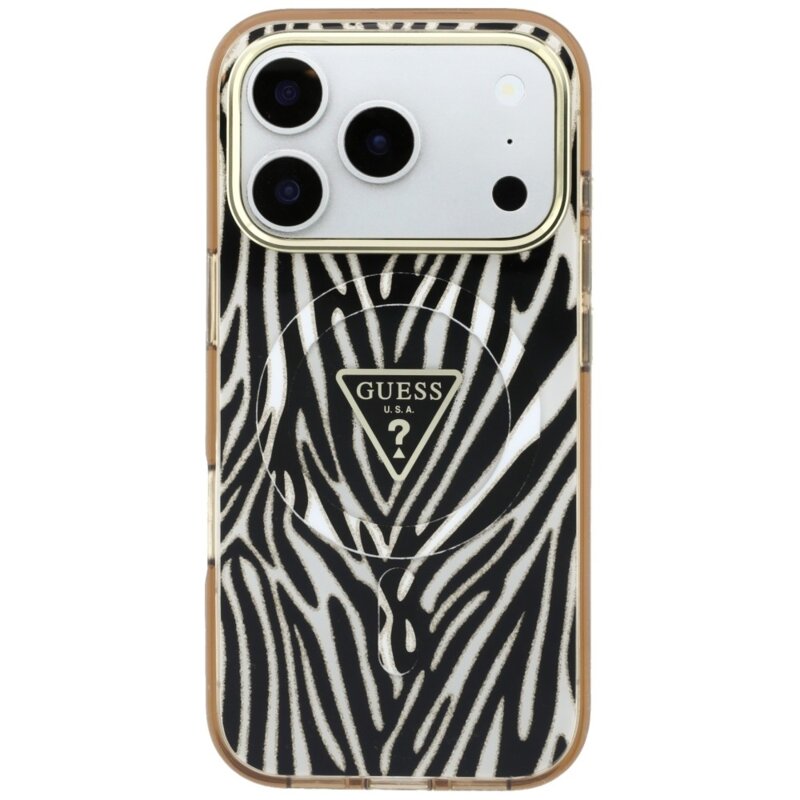 Husa Guess Zebra Glitter Triangle Logo MagSafe iPhone 18 Pro cu sclipici, negru/auriu, GUHMP18L6HZPGTLD