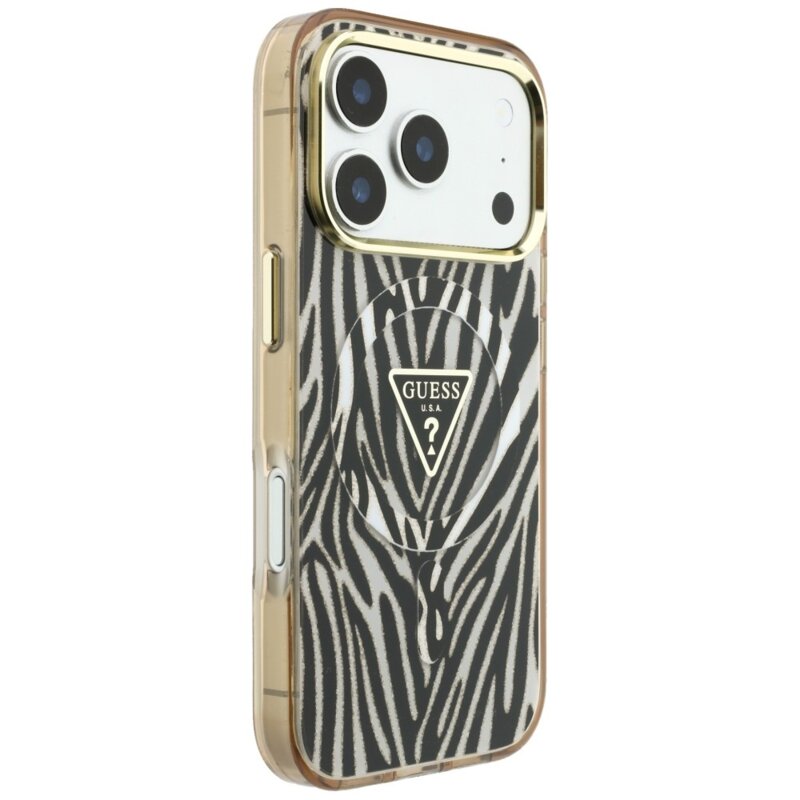 Husa Guess Zebra Glitter Triangle Logo MagSafe iPhone 18 Pro cu sclipici, negru/auriu, GUHMP18L6HZPGTLD