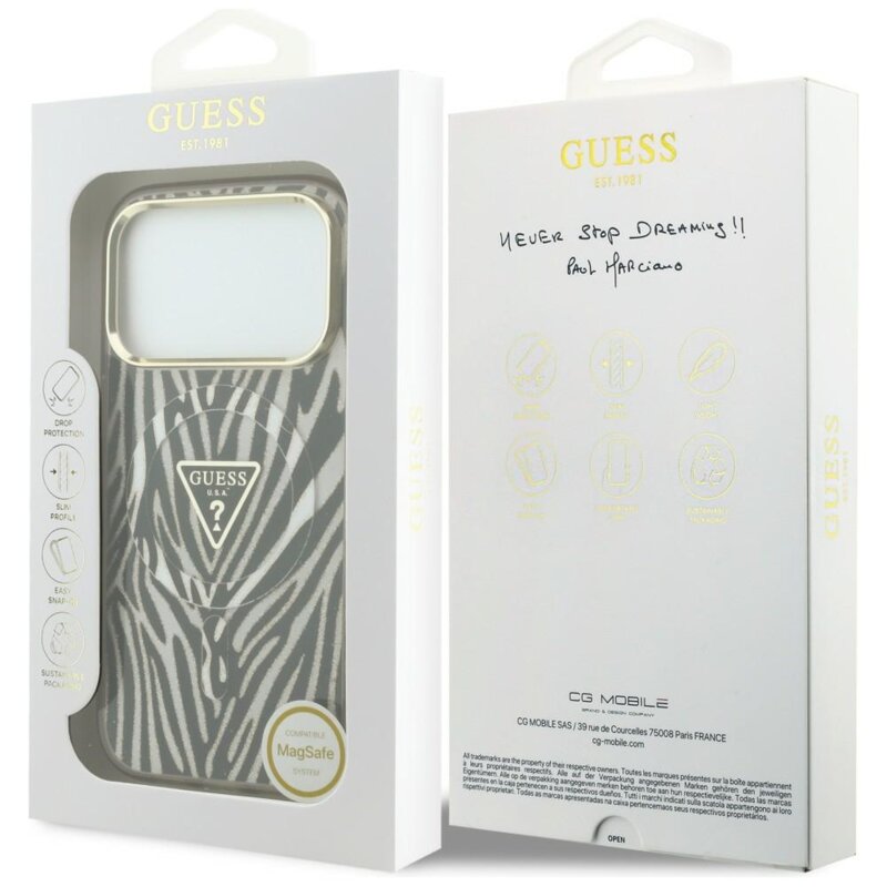 Husa Guess Zebra Glitter Triangle Logo MagSafe iPhone 18 Pro cu sclipici, negru/auriu, GUHMP18L6HZPGTLD