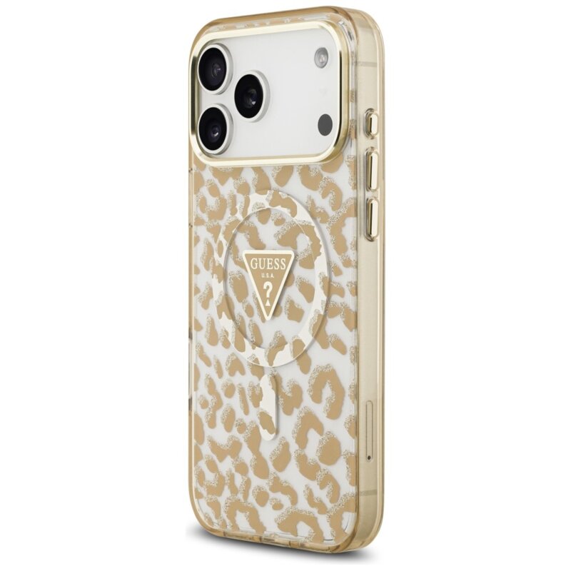 Husa Guess Leopard Glitter Triangle Logo MagSafe iPhone 18 Pro cu sclipici, maro, GUHMP18LHLEGTGLW