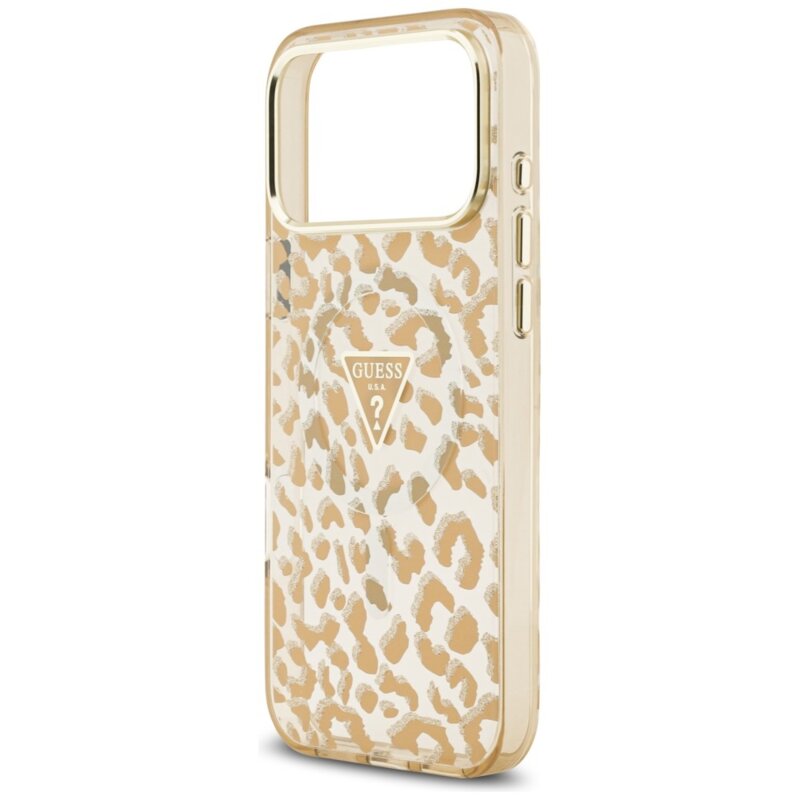 Husa Guess Leopard Glitter Triangle Logo MagSafe iPhone 18 Pro cu sclipici, maro, GUHMP18LHLEGTGLW