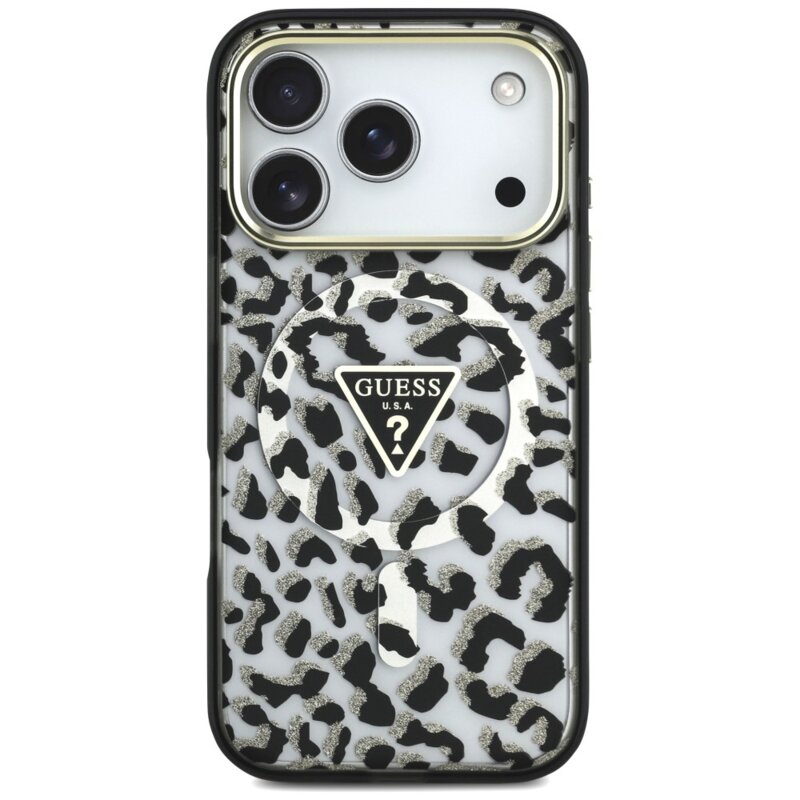 Husa Guess Leopard Glitter Triangle Logo MagSafe iPhone 18 Pro cu sclipici, negru, GUHMP18LHLEGTGLK