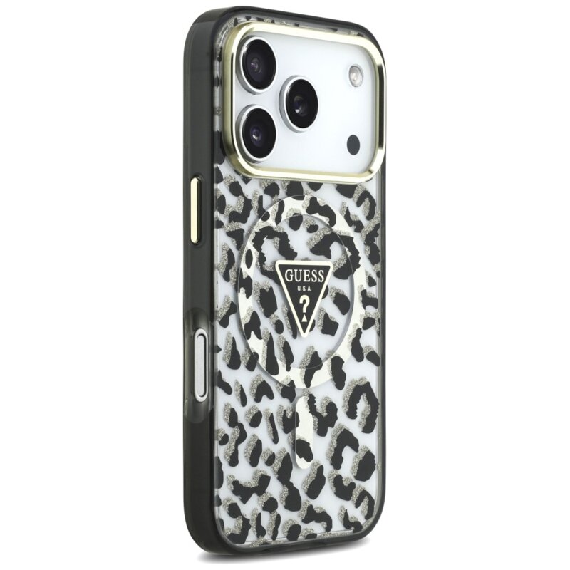 Husa Guess Leopard Glitter Triangle Logo MagSafe iPhone 18 Pro cu sclipici, negru, GUHMP18LHLEGTGLK
