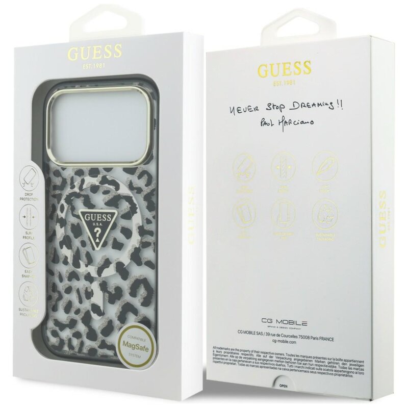 Husa Guess Leopard Glitter Triangle Logo MagSafe iPhone 18 Pro cu sclipici, negru, GUHMP18LHLEGTGLK
