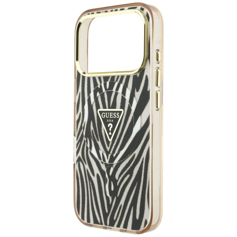 Husa Guess Zebra Glitter Triangle Logo MagSafe iPhone 18 Pro Max cu sclipici, negru/auriu, GUHMP18X6HZPGTLD