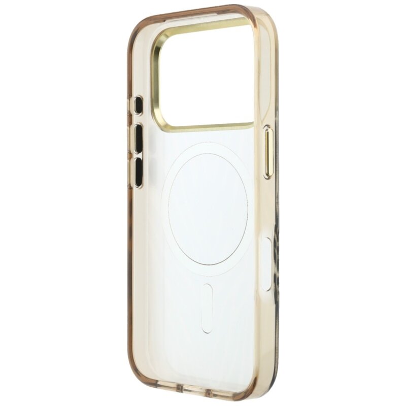 Husa Guess Zebra Glitter Triangle Logo MagSafe iPhone 18 Pro Max cu sclipici, negru/auriu, GUHMP18X6HZPGTLD