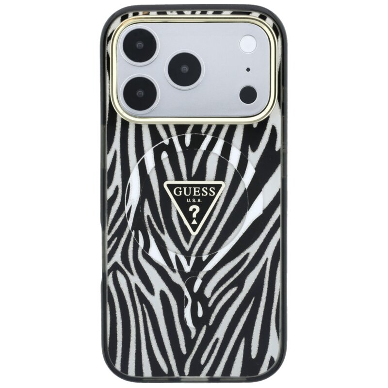 Husa Guess Zebra Glitter Triangle Logo MagSafe iPhone 18 Pro Max cu sclipici, negru/argintiu, GUHMP18X6HZPGTLS