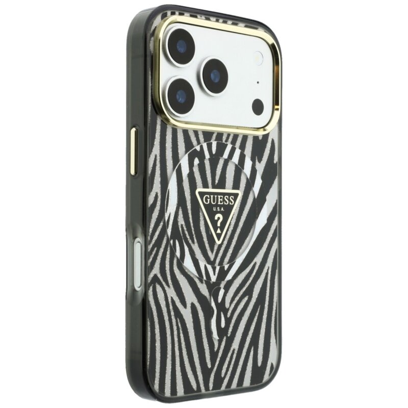 Husa Guess Zebra Glitter Triangle Logo MagSafe iPhone 18 Pro Max cu sclipici, negru/argintiu, GUHMP18X6HZPGTLS