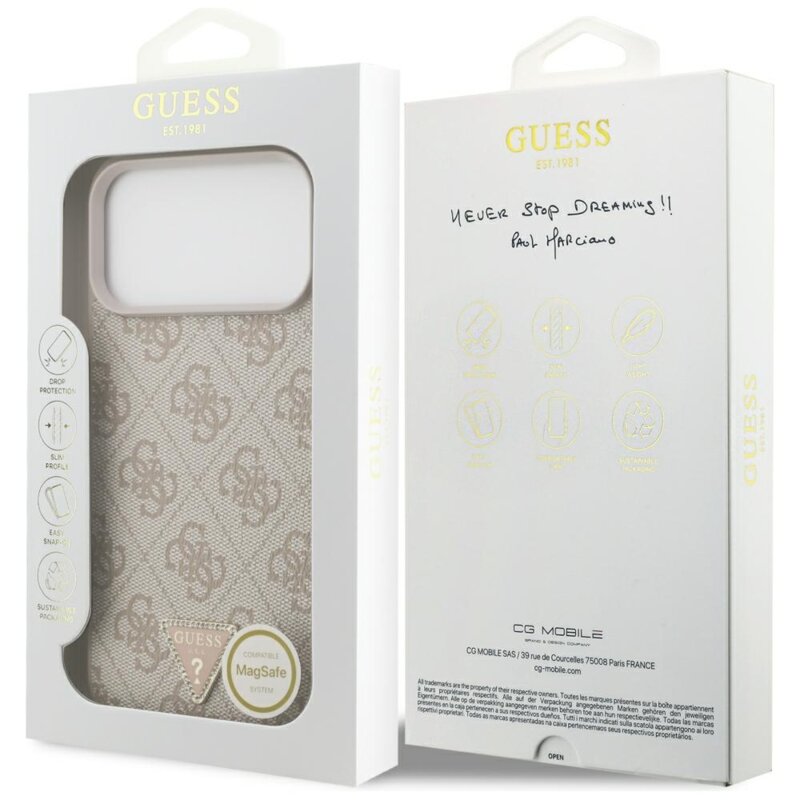 Husa iPhone 18 Pro Max Guess Leather 4G Triangle Strass MagSafe, roz, GUHMP18XP4TDPP