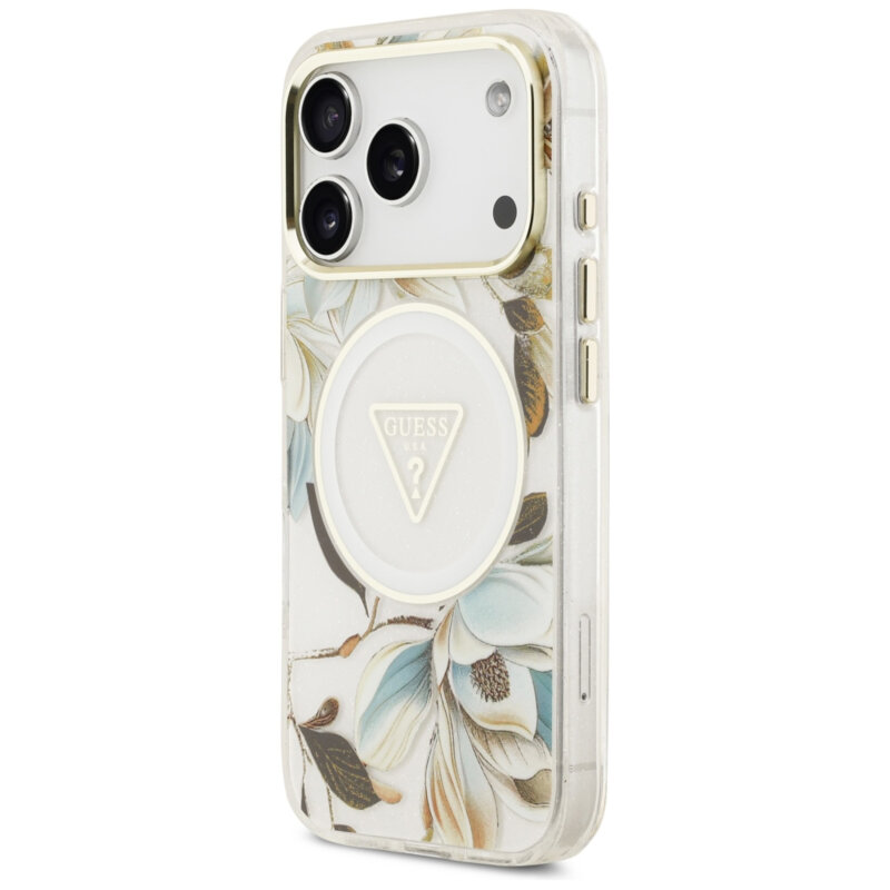 Husa iPhone 18 Pro originala Guess IML Glitter Flowers Triangle MagSafe, alb, GUHMP18LHFLPEDH