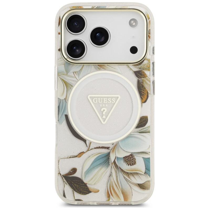 Husa iPhone 18 Pro originala Guess IML Glitter Flowers Triangle MagSafe, alb, GUHMP18LHFLPEDH