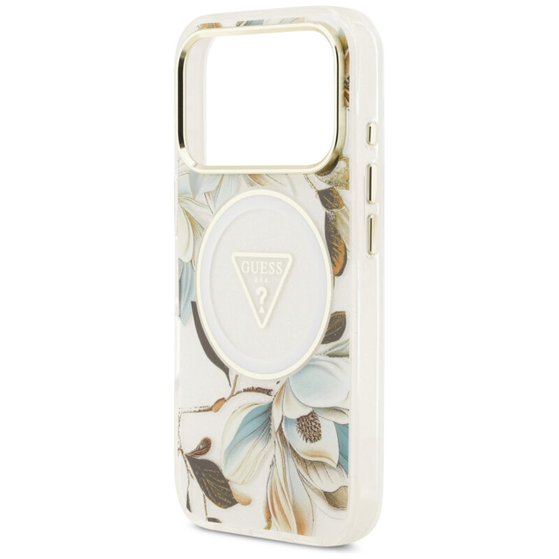 Husa iPhone 18 Pro originala Guess IML Glitter Flowers Triangle MagSafe, alb, GUHMP18LHFLPEDH