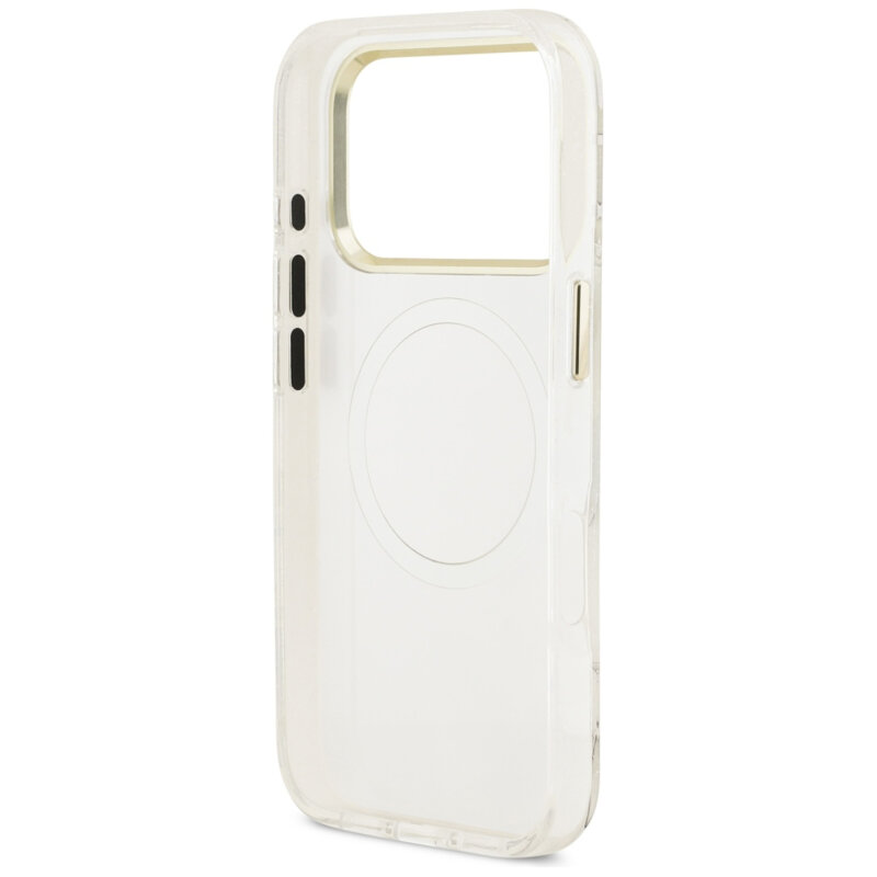 Husa iPhone 18 Pro originala Guess IML Glitter Flowers Triangle MagSafe, alb, GUHMP18LHFLPEDH