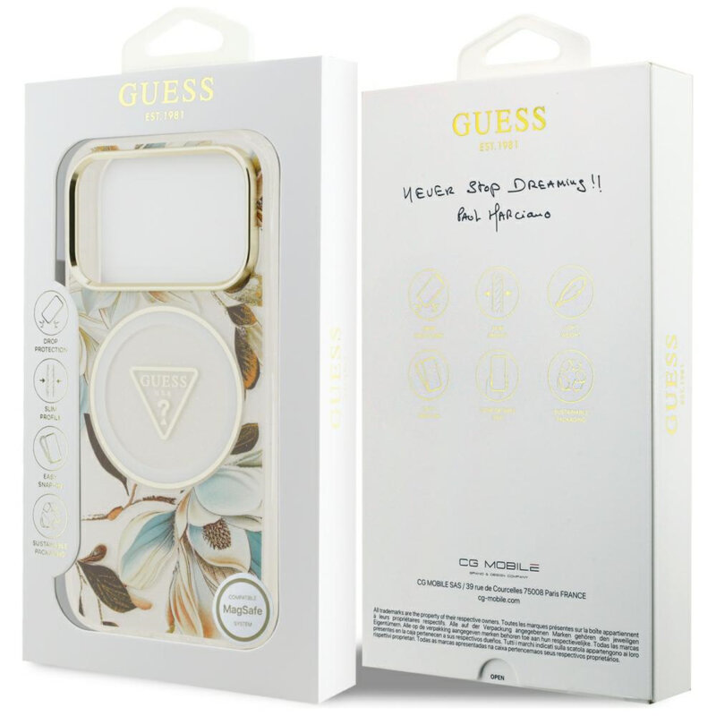 Husa iPhone 18 Pro originala Guess IML Glitter Flowers Triangle MagSafe, alb, GUHMP18LHFLPEDH