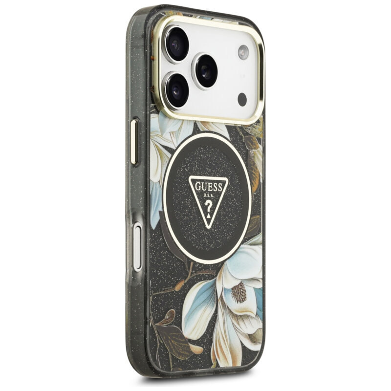 Husa iPhone 18 Pro originala Guess IML Glitter Flowers Triangle MagSafe, negru, GUHMP18LHFLPEDK