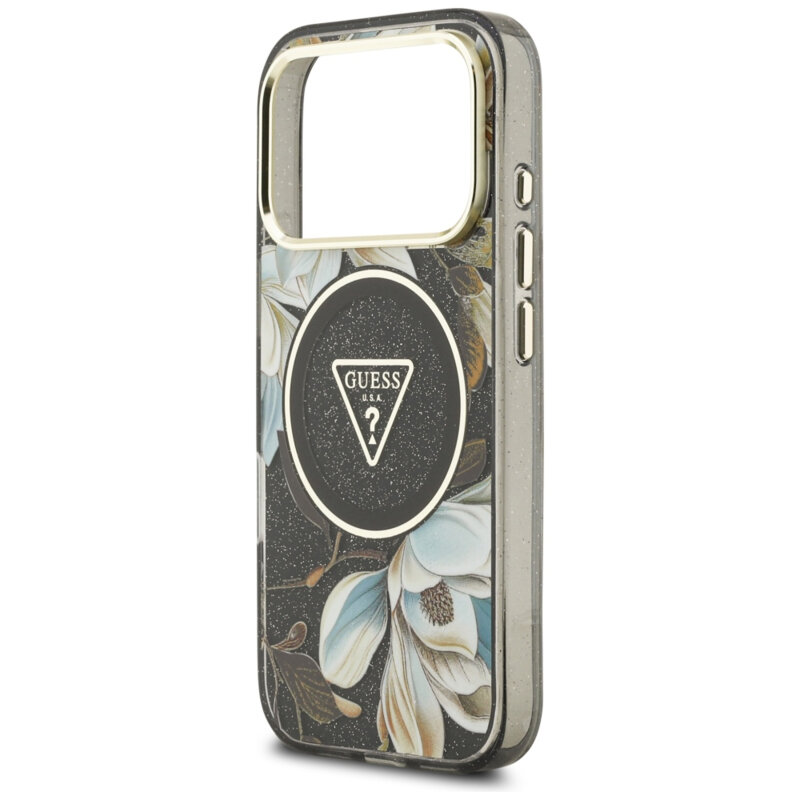 Husa iPhone 17 Pro originala Guess IML Glitter Flowers Triangle MagSafe, negru, GUHMP18LHFLPEDK