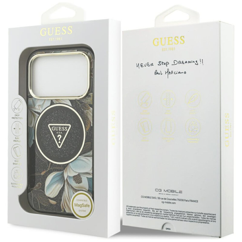 Husa iPhone 17 Pro originala Guess IML Glitter Flowers Triangle MagSafe, negru, GUHMP18LHFLPEDK