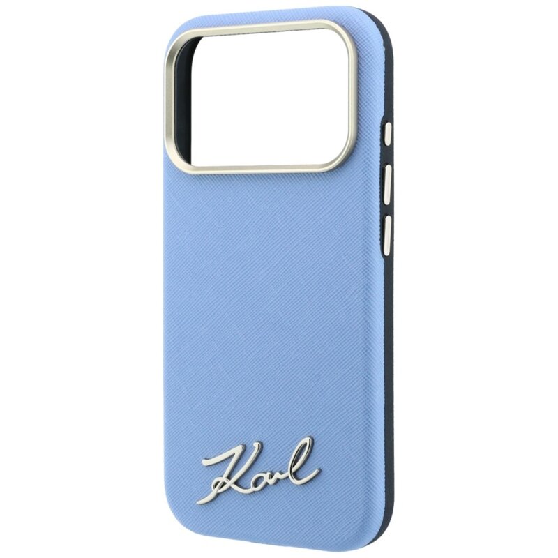 Husa originala iPhone 18 Pro Karl Lagerfeld Saffiano Small Script Metal Logo MagSafe, bleu, KLHMP18L6PWSKSB