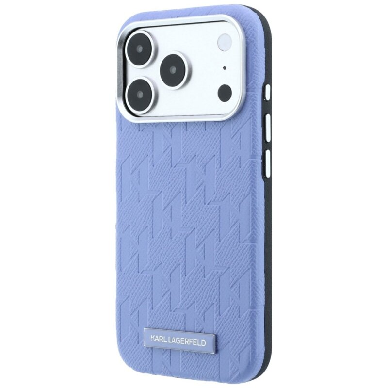 Husa iPhone 18 Pro Karl Lagerfeld Grained Leather Mono Resin Logo MagSafe, bleu, KLHMP18L6PWKLMHB