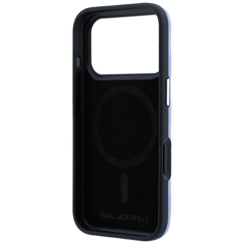 Husa iPhone 18 Pro Karl Lagerfeld Grained Leather Mono Resin Logo MagSafe, bleu, KLHMP18L6PWKLMHB