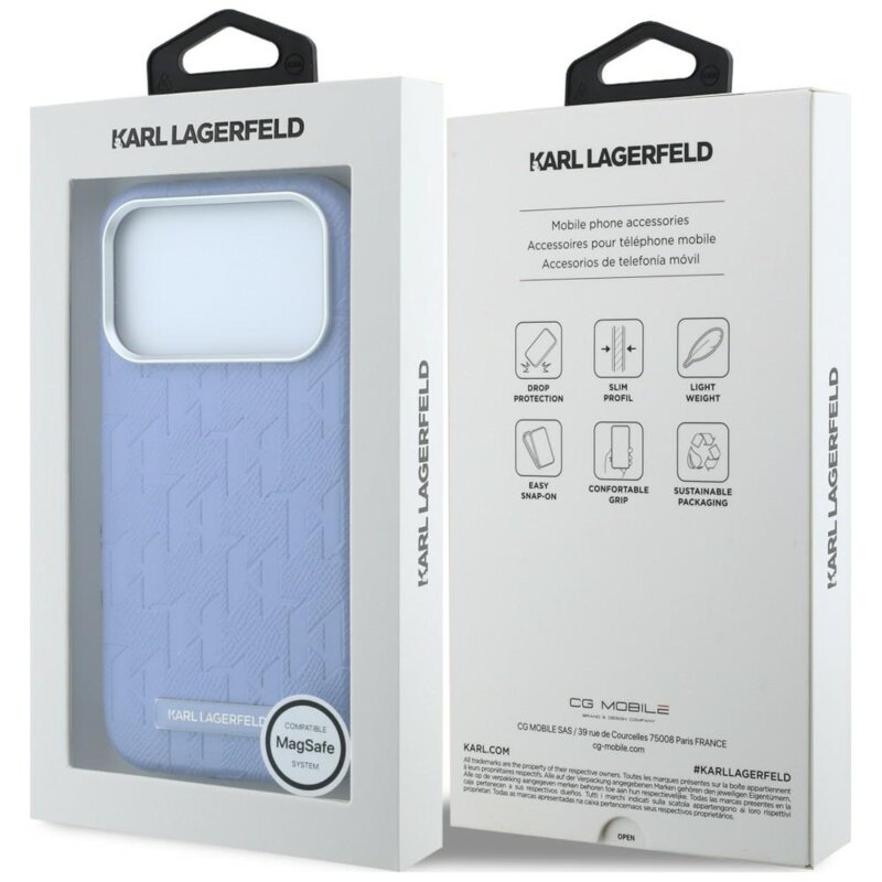 Husa iPhone 18 Pro Max Karl Lagerfeld Grained Leather Mono Resin Logo MagSafe, bleu, KLHMP18X6PWKLMHB