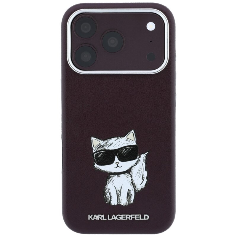 Husa iPhone 18 Pro Karl Lagerfeld Smooth Leather Choupette Sketch MagSafe, bordo