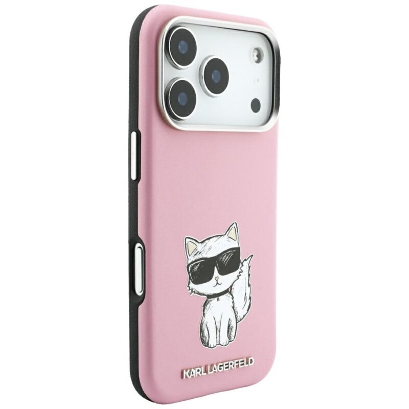 Husa iPhone 18 Pro Karl Lagerfeld Smooth Leather Choupette Sketch MagSafe, roz
